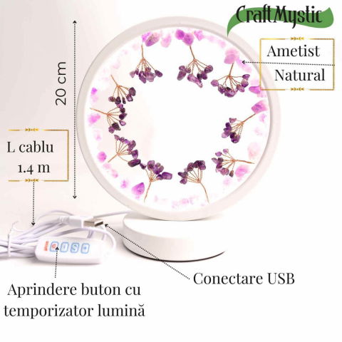 Lampa de noapte rotunda cu cristale ametist brut si rulat – energie pozitiva pentru relaxare [3]