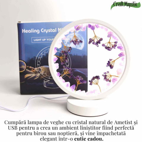 Lampa de noapte rotunda cu cristale ametist brut si rulat – energie pozitiva pentru relaxare [5]