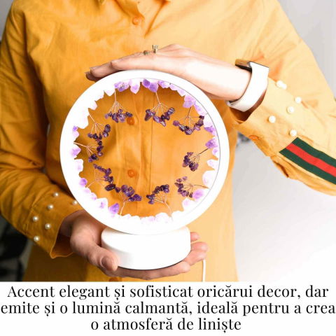 Lampa de noapte rotunda cu cristale ametist brut si rulat – energie pozitiva pentru relaxare [1]