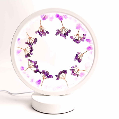 Varsator - Lampa de noapte rotunda cu cristale ametist brut si rulat – energie pozitiva pentru relaxare