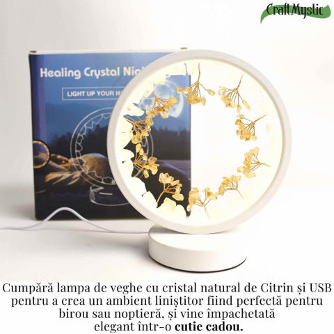 Lampa de Noapte Rotunda cu Cristale Citrin Brut si Rulat – Energie Pozitiva si Calm pentru Casa Ta [6]