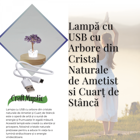 Mini Lampa de Noapte cu Arbore din Ametist Natural - Decoratiune de Birou cu Cristal Alb, Ideala pentru Dormitor si Decor Acasa [2]