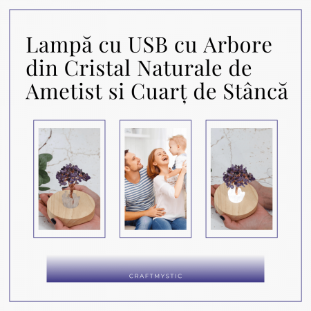 Mini Lampa de Noapte cu Arbore din Ametist Natural - Decoratiune de Birou cu Cristal Alb, Ideala pentru Dormitor si Decor Acasa [3]