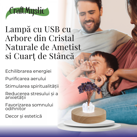 Mini Lampa de Noapte cu Arbore din Ametist Natural - Decoratiune de Birou cu Cristal Alb, Ideala pentru Dormitor si Decor Acasa [4]
