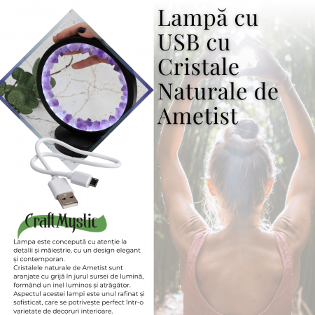 Lampa rotunda de Noapte Naturala cu Cristal de Ametist - USB, Decor Acasa [5]