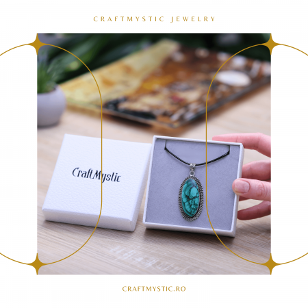 Colier Reglabil cu Pandantiv Argintiu 40mm in Forma Ovala din Malachit Natural [5]