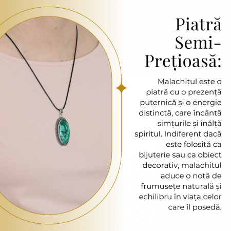 Colier Reglabil cu Pandantiv Argintiu 40mm in Forma Ovala din Malachit Natural [2]