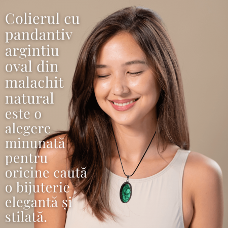 Colier Reglabil cu Pandantiv Argintiu 40mm in Forma Ovala din Malachit Natural [7]