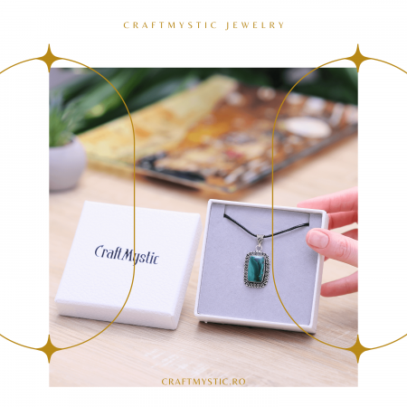 Colier Reglabil cu Pandantiv Argintiu 40mm in Forma Dreptunghiulara din Malachit Natural [6]