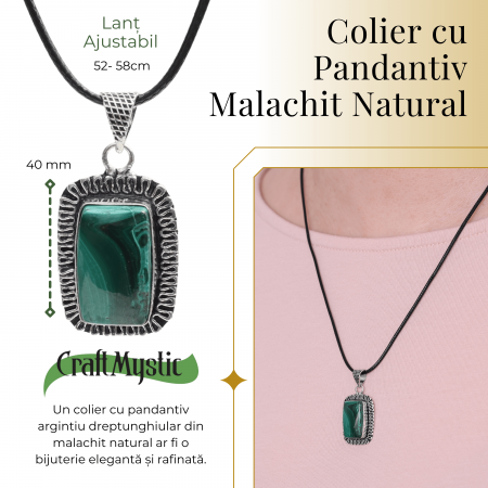 Colier Reglabil cu Pandantiv Argintiu 40mm in Forma Dreptunghiulara din Malachit Natural [1]
