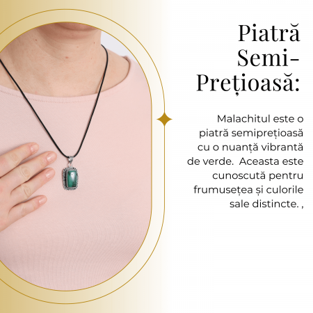 Colier Reglabil cu Pandantiv Argintiu 40mm in Forma Dreptunghiulara din Malachit Natural [2]