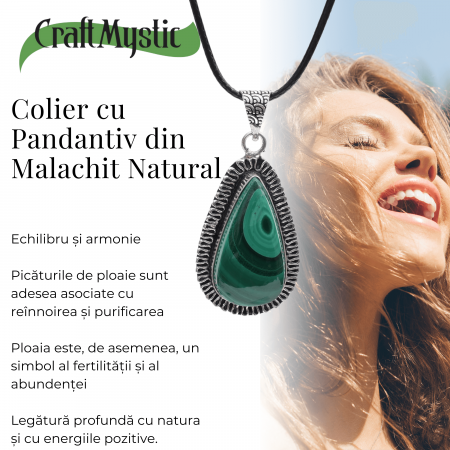 Colier Reglabil cu Pandantiv Argintiu 40mm in Forma de Strop de Ploaie din Malachit Natural [4]