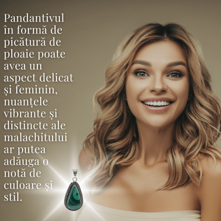 Colier Reglabil cu Pandantiv Argintiu 40mm in Forma de Strop de Ploaie din Malachit Natural [5]
