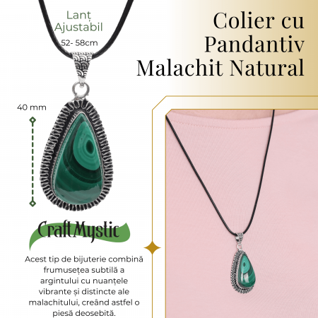 Colier Reglabil cu Pandantiv Argintiu 40mm in Forma de Strop de Ploaie din Malachit Natural [1]