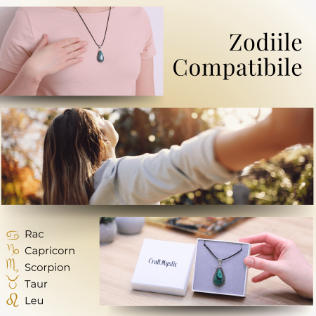 Colier Reglabil cu Pandantiv Argintiu 40mm in Forma de Strop de Ploaie din Malachit Natural [3]