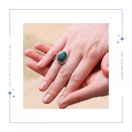 Inel Ajustabil Argintiu cu Malachit Natural [5]