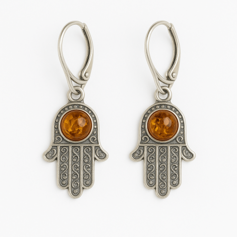 Mana protectiei blande – Cercei cu Mana Fatimei si chihlimbar in montura argint 925 [0]