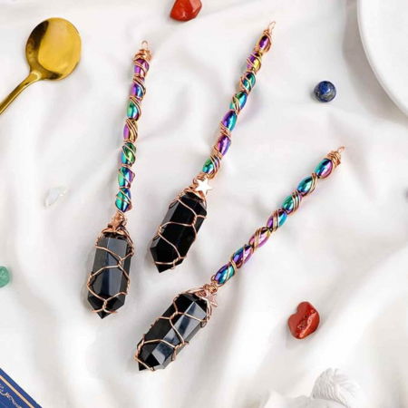 Maturica Decorativa 14 cm cu Obsidian Dublu varf Natural Ornament Handmade Perfect pentru Energie Pozitiva si Noroc in Viata [4]