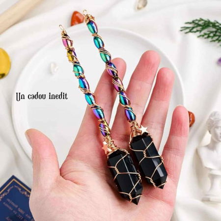 Maturica Decorativa 14 cm cu Obsidian Dublu varf Natural Ornament Handmade Perfect pentru Energie Pozitiva si Noroc in Viata [3]