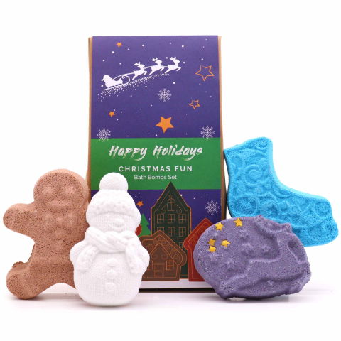 Instrumente și Accesorii Spirituale - Set bombe de baie Christmas Fun – 4 piese (Gingerbread, Patina, Om de zapada, Ren) – cadoul perfect de Craciun