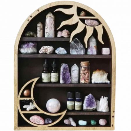 Accesorii pentru Cristale și Pietre - Mini Raft 45x35 cm expunere din lemn pentru cristale, uleiuri esentiale design Soare si Luna - Decorare gotica pentru camera