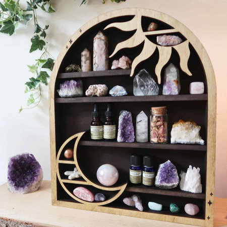 Mini Raft 45x35 cm expunere din lemn pentru cristale, uleiuri esentiale design Soare si Luna - Decorare gotica pentru camera [3]