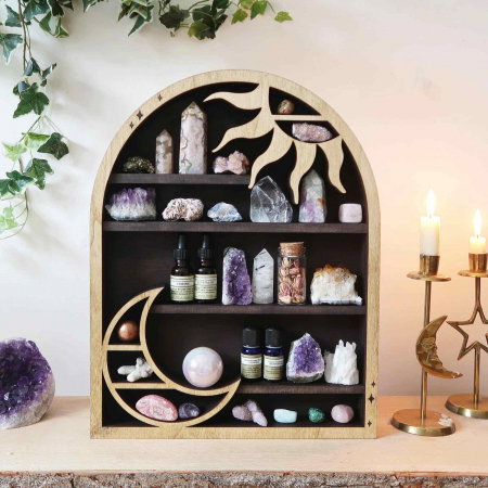 Mini Raft 45x35 cm expunere din lemn pentru cristale, uleiuri esentiale design Soare si Luna - Decorare gotica pentru camera [4]