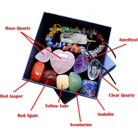 Mini Set cu 8 mini pietre semipretioase polisate, 1 bratara chakra, 1 colier cu cristal de stanca si o inima din cuart roz [4]