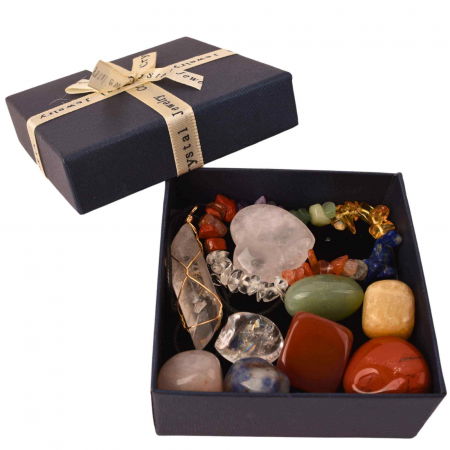 Mini Set cu 8 mini pietre semipretioase polisate, 1 bratara chakra, 1 colier cu cristal de stanca si o inima din cuart roz [8]