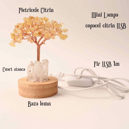 Mini Lampa Copacel 10 cm de Citrin si Cuart de Stanca cu USB - Amplifica Energia Pozitiva si Prosperitatea [3]