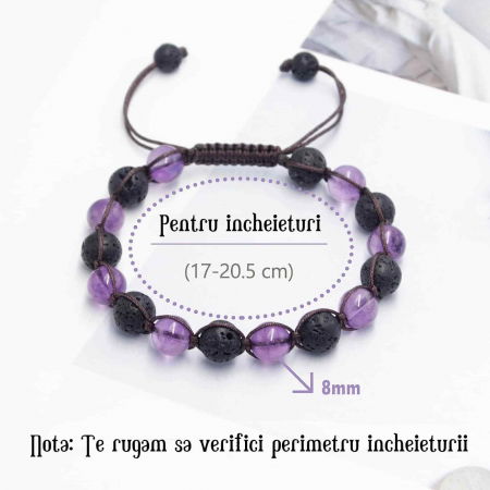 Bratara lucrata manual cu cristale 8mm naturale de ametist si roca vulcanica - Pentru femei protectie energetica pentru noroc si echilibru [3]