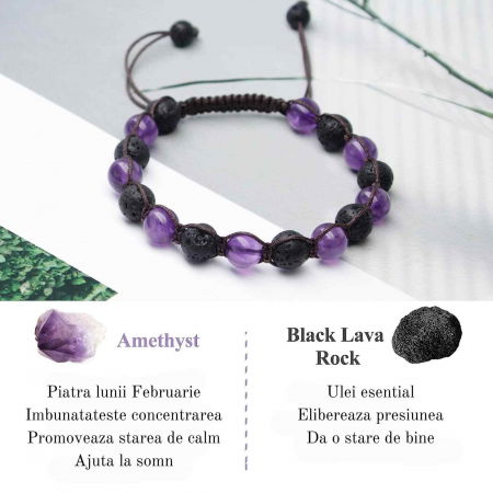 Bratara lucrata manual cu cristale 8mm naturale de ametist si roca vulcanica - Pentru femei protectie energetica pentru noroc si echilibru [1]