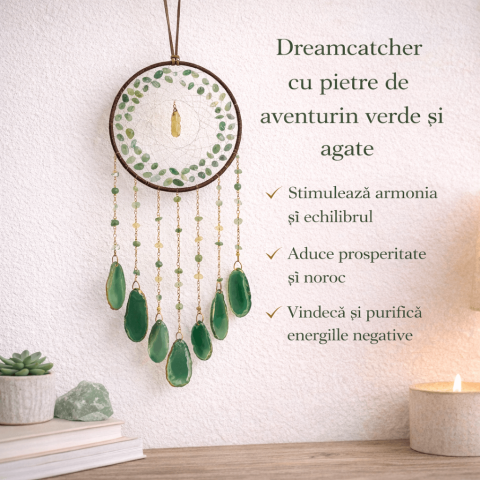 Dreamcatcher cu aventurin verde si felii agat, un cerc al sperantei si al echilibrului natural [1]