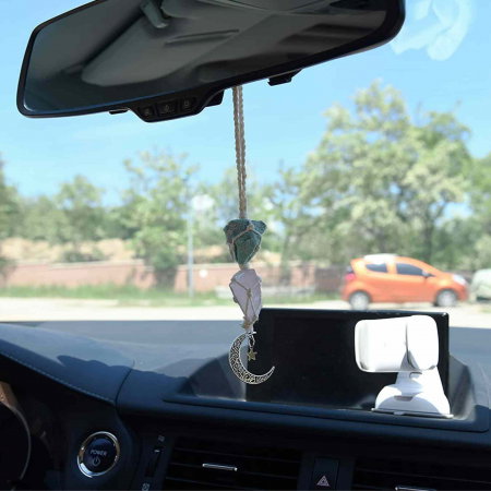 Ornament de agatat cu cristale vindecatoare Ametist si Turmalina Neagra, accesorii sub forma de semiluna si steluta Decor feng shui pentru oglinda masinii, casa si birou [2]