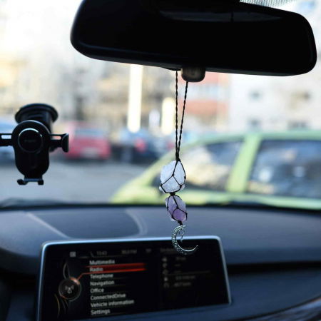 Ornament de agatat cu cristale vindecatoare Ametist si Turmalina Neagra, accesorii sub forma de semiluna si steluta Decor feng shui pentru oglinda masinii, casa si birou [1]