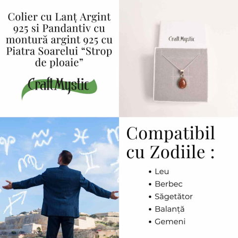 Colier cu Piatra Soarelui Strop de Ploaie, Argint 925, Energie Pozitiva [4]