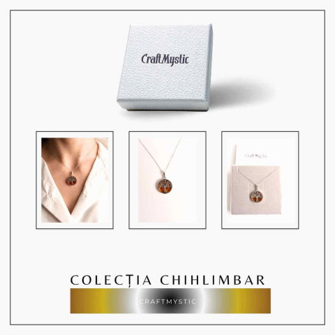 cColier argint 925 cu chihlimbar natural - copacul vietii rotund [5]