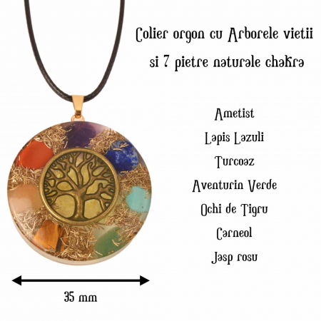Colier cu pandantiv 35mm cu energie Orgonica cu Arborele Vietii cuprat si pietre naturale pentru cele sapte chakre [2]