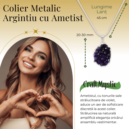 Colier deosebit cu Lant Argintiu si Pandantiv din Ametist Druzy Natural, 20-30mm [1]