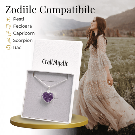 Colier Delicat cu Lant Argintiu si Pandantiv din Ametist Druzy Natural in Forma de Inima, 20-25mm [4]