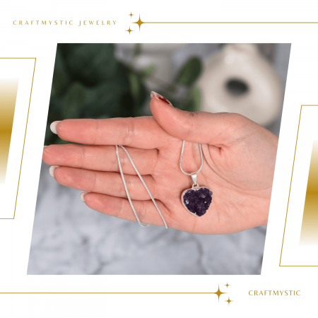 Colier Delicat cu Lant Argintiu si Pandantiv din Ametist Druzy Natural in Forma de Inima, 20-25mm [6]