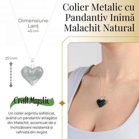 Colier Elegant cu Lant Argintiu si Pandantiv din Malachit Natural in Forma de Inima, 25mm [1]