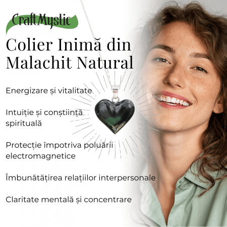 Colier Elegant cu Lant Argintiu si Pandantiv din Malachit Natural in Forma de Inima, 25mm [3]