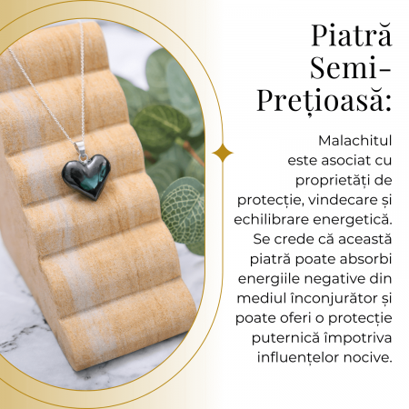 Colier Elegant cu Lant Argintiu si Pandantiv din Malachit Natural in Forma de Inima, 25mm [2]