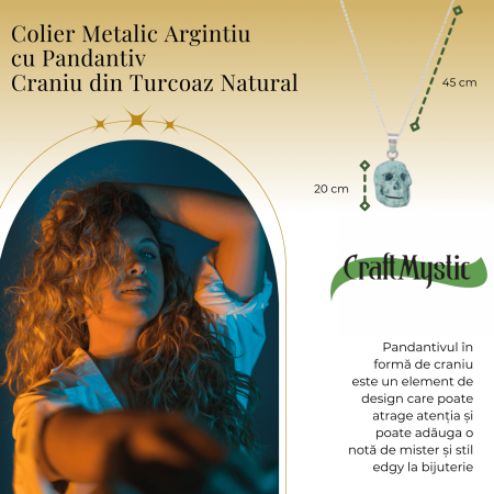 Colier Stilat cu Lant Argintiu si Pandantiv din Turcoaz Natural in Forma de Craniu, 20mm [4]