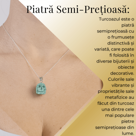 Colier Stilat cu Lant Argintiu si Pandantiv din Turcoaz Natural in Forma de Craniu, 20mm [3]