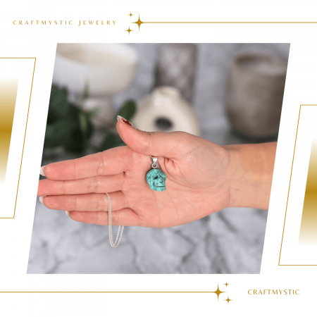 Colier Stilat cu Lant Argintiu si Pandantiv din Turcoaz Natural in Forma de Craniu, 20mm [6]