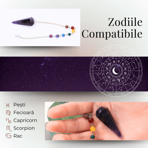 Pendul Radiestezie Ametist cu 7 Margele Chakre pentru Vindecare [5]