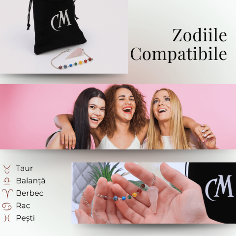 Pendul din Cuart Roz cu 7 Margele Chakre pentru Vindecare [7]