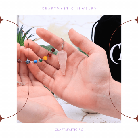 Pendul din Cuart Roz cu 7 Margele Chakre pentru Vindecare [2]